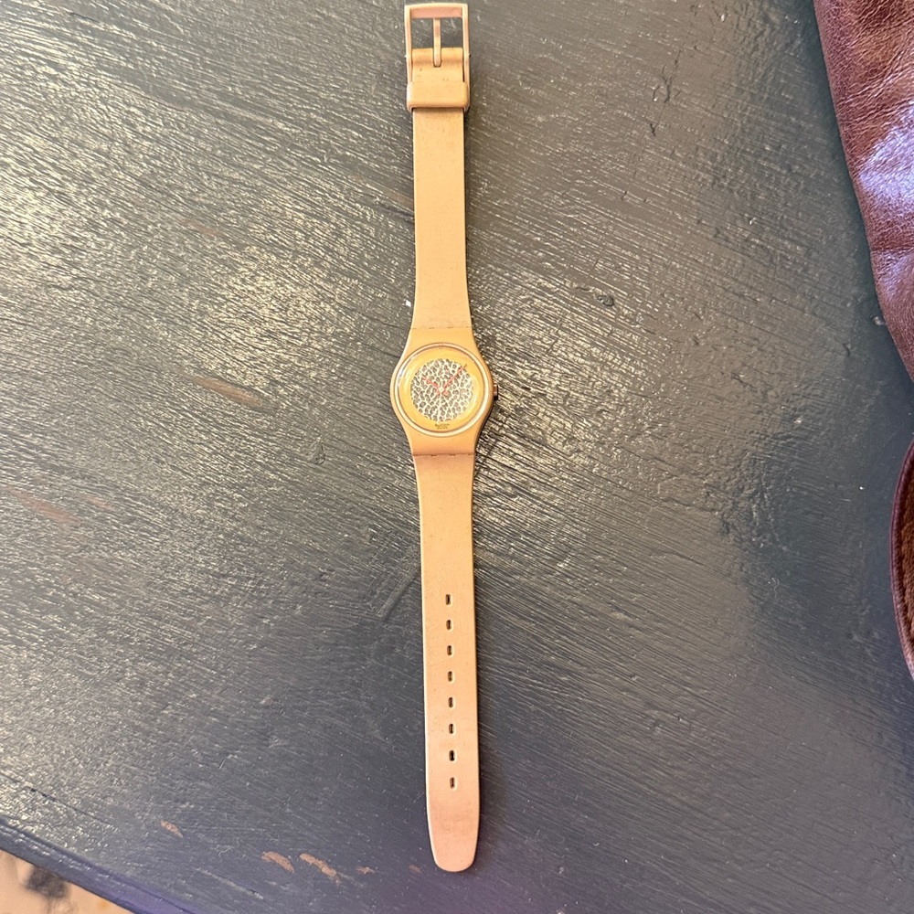 Swatch Tan Leather-Look Strap Watch with Glitter Dial